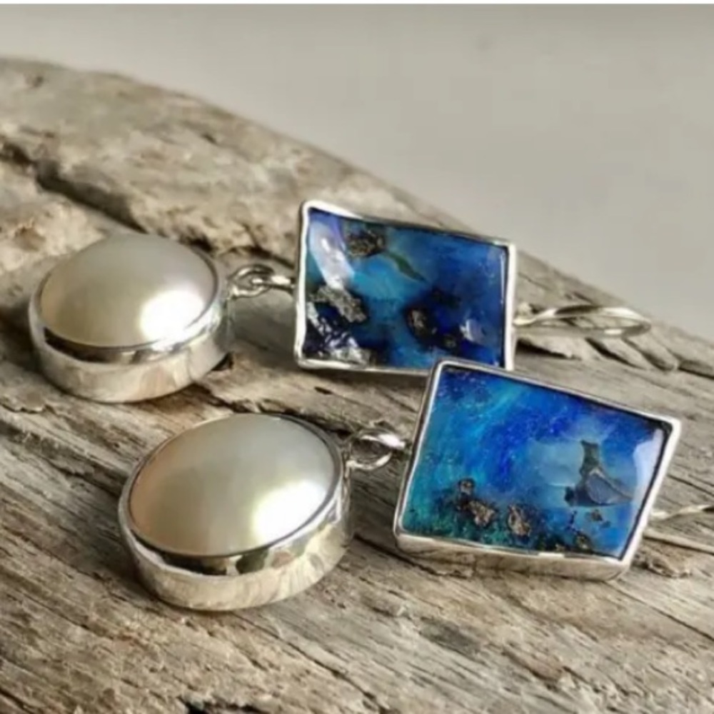 Handmade Cultured Pearl & Rare Natural Blue Boulder Opal 925 Silver Earrings